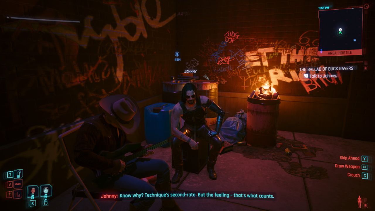 Cyberpunk 2077 screenshot. Listening to a street busker with Johnny Silverhand, who says, "Know why? Technique's second-rate. But feeling - that's what counts
