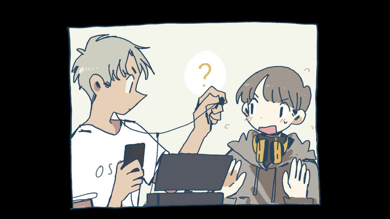 An older man is offering a younger man (our main character) to listen to one half of his earphones.