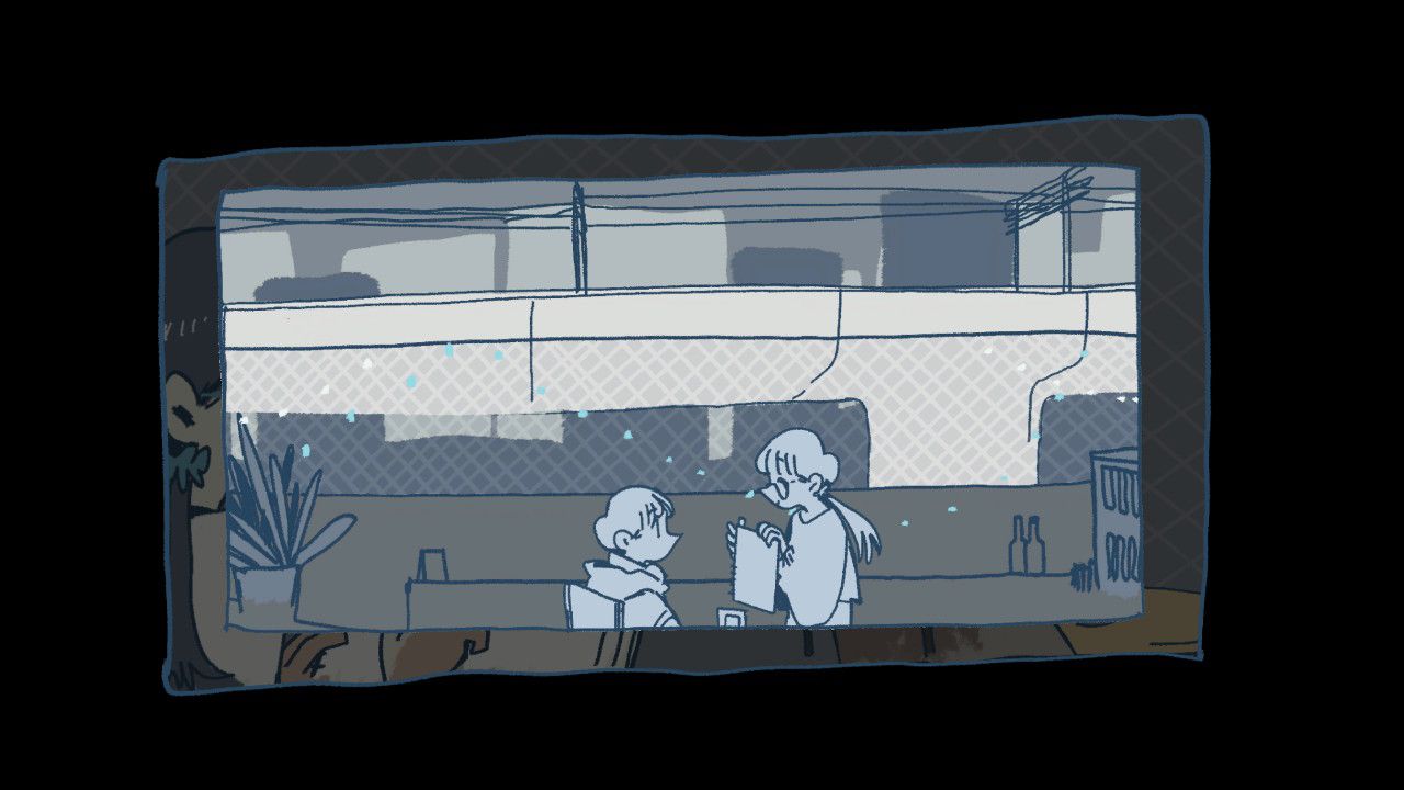 Seen through the blue lens of memories, a girl is showing a boy her drawing