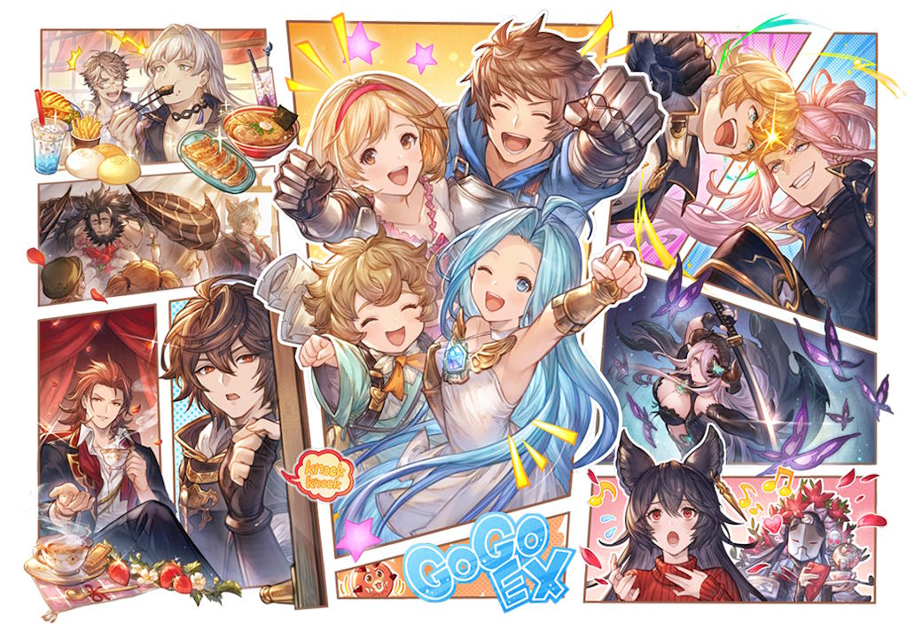 Illustration for GBF Extra Fes 2022, featuring a lot of characters (many of which are my favorite) (including Sandalphon, Percival, Nier, Feather and Randall) in a comic-like panels