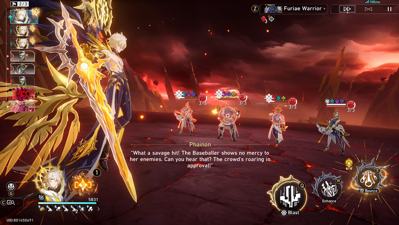 HSR screenshot. There's Phainon going full world-ender mode in the middle. Someone, also Phainon, is saying, "What a savage hit! The Blaseballer shows no mercy to her enemies!"