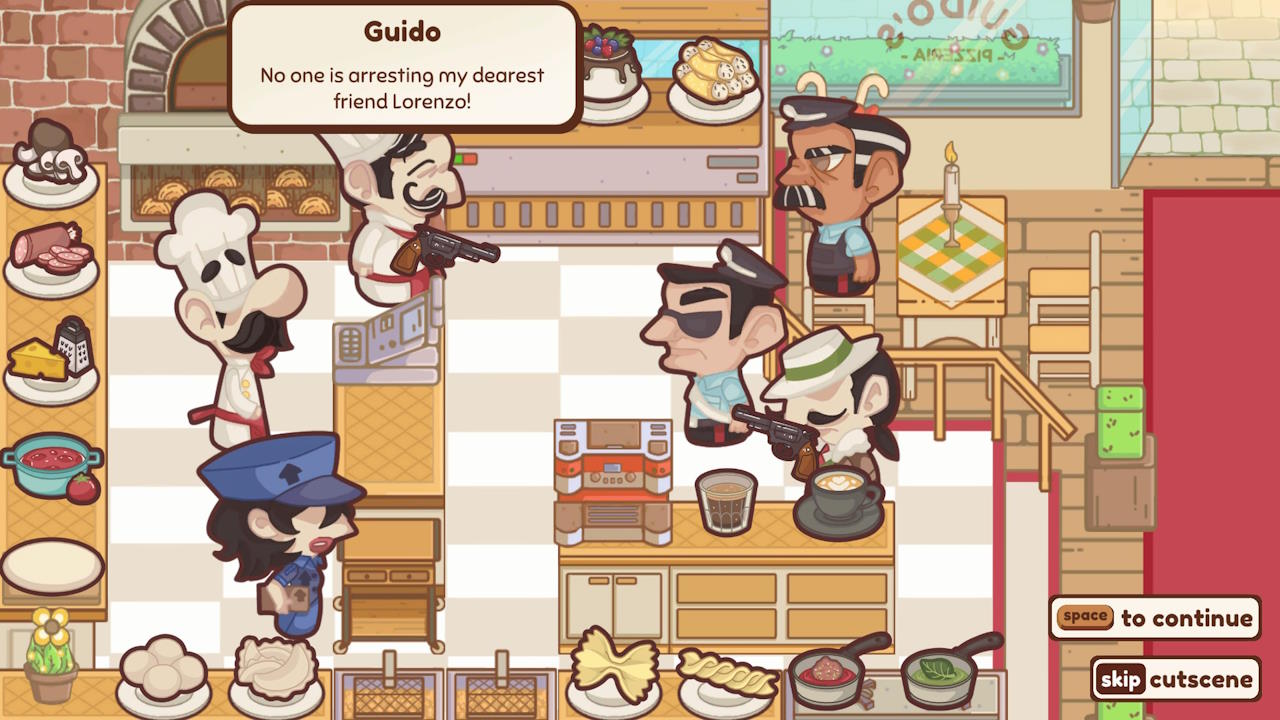 Screenshot of The Chef Shift. "No one is arresting my dear friend Lorenzo," shouted the chef, pointing a gun at the police in the pizzeria.